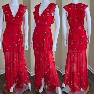 Lulus Women's Size XS Fondest Desires Red Floral Print Ruffled Maxi Dress